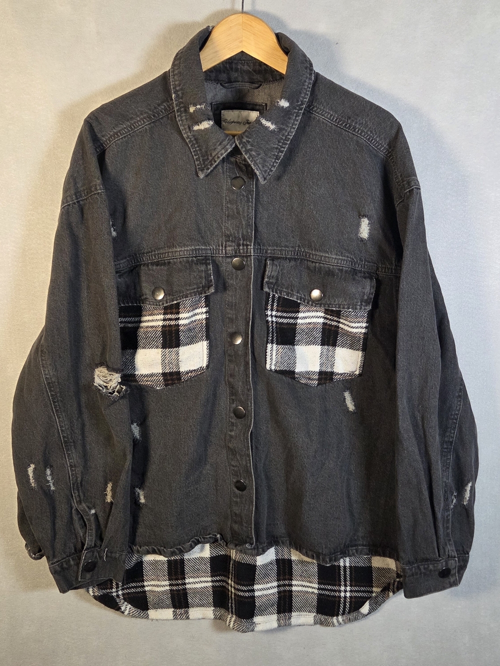 Highway Jeans black distressed denim jacket with black-and-white plaid